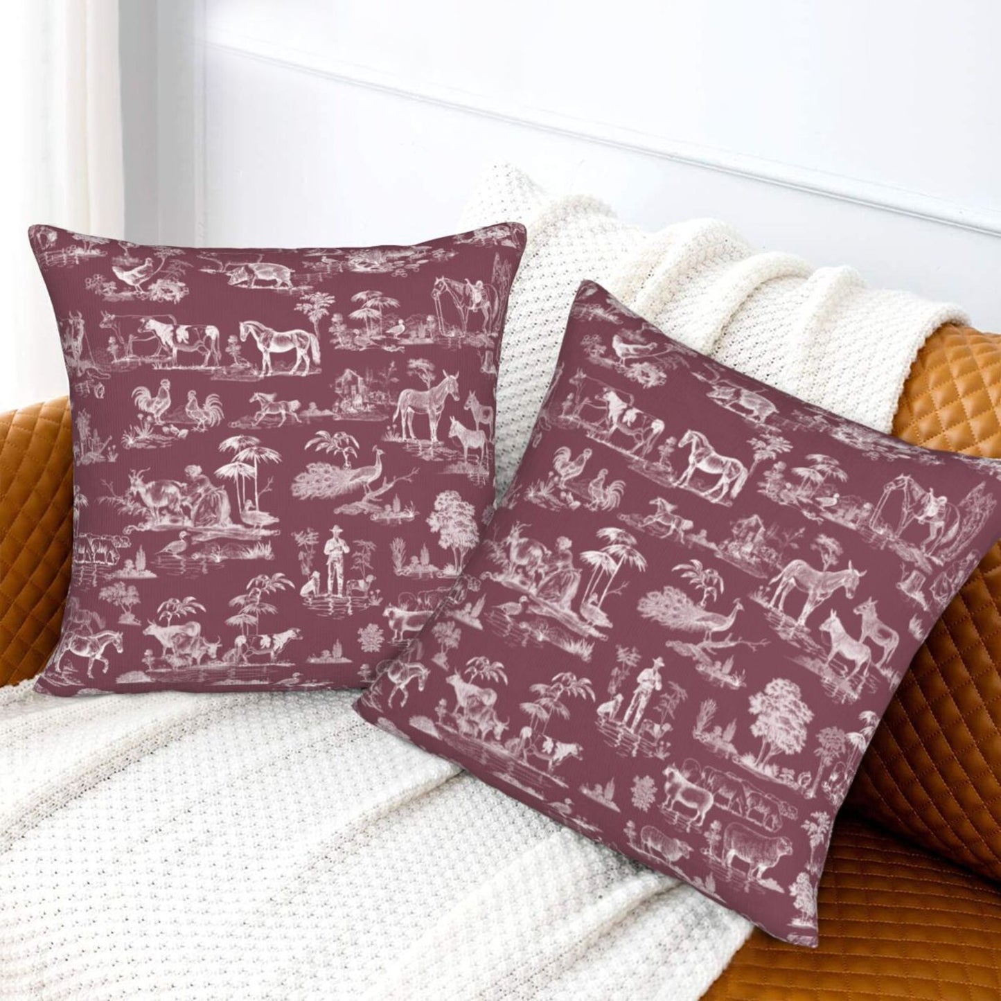 Farmhouse Toile Throw Pillow Covers 18x18 inch Set of 2 Vintage Nature Countryside Velvet Decorative Cushion Covers for Sofa Couch