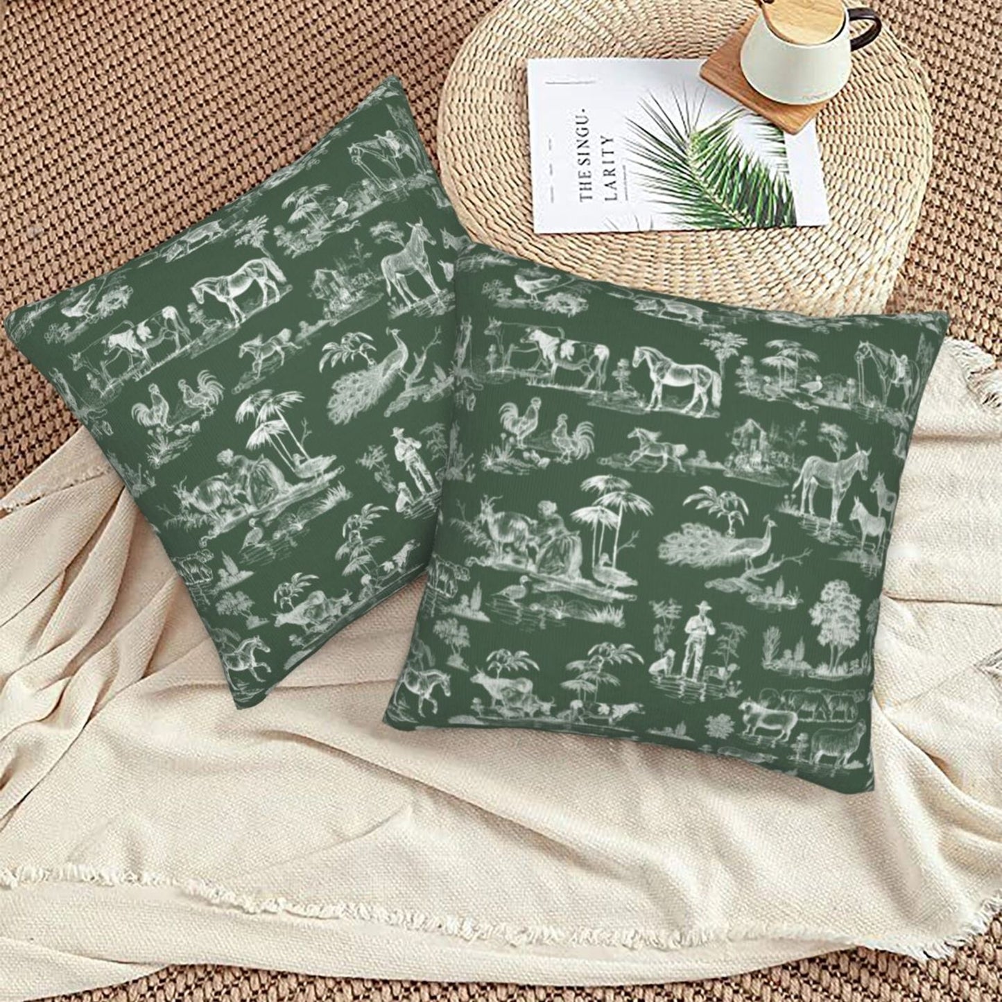 Farmhouse Toile Throw Pillow Covers 18x18 inch Set of 2 Vintage Nature Countryside Velvet Decorative Cushion Covers for Sofa Couch