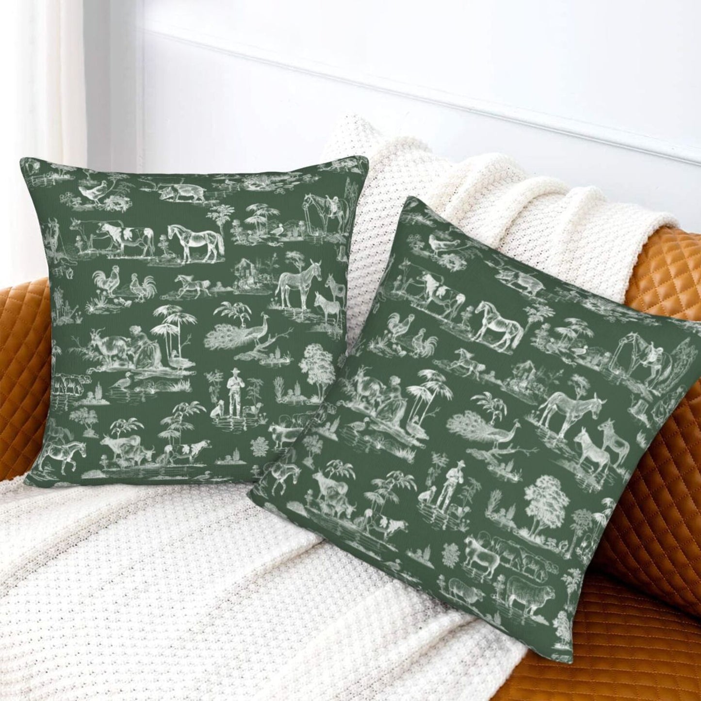 Farmhouse Toile Throw Pillow Covers 18x18 inch Set of 2 Vintage Nature Countryside Velvet Decorative Cushion Covers for Sofa Couch