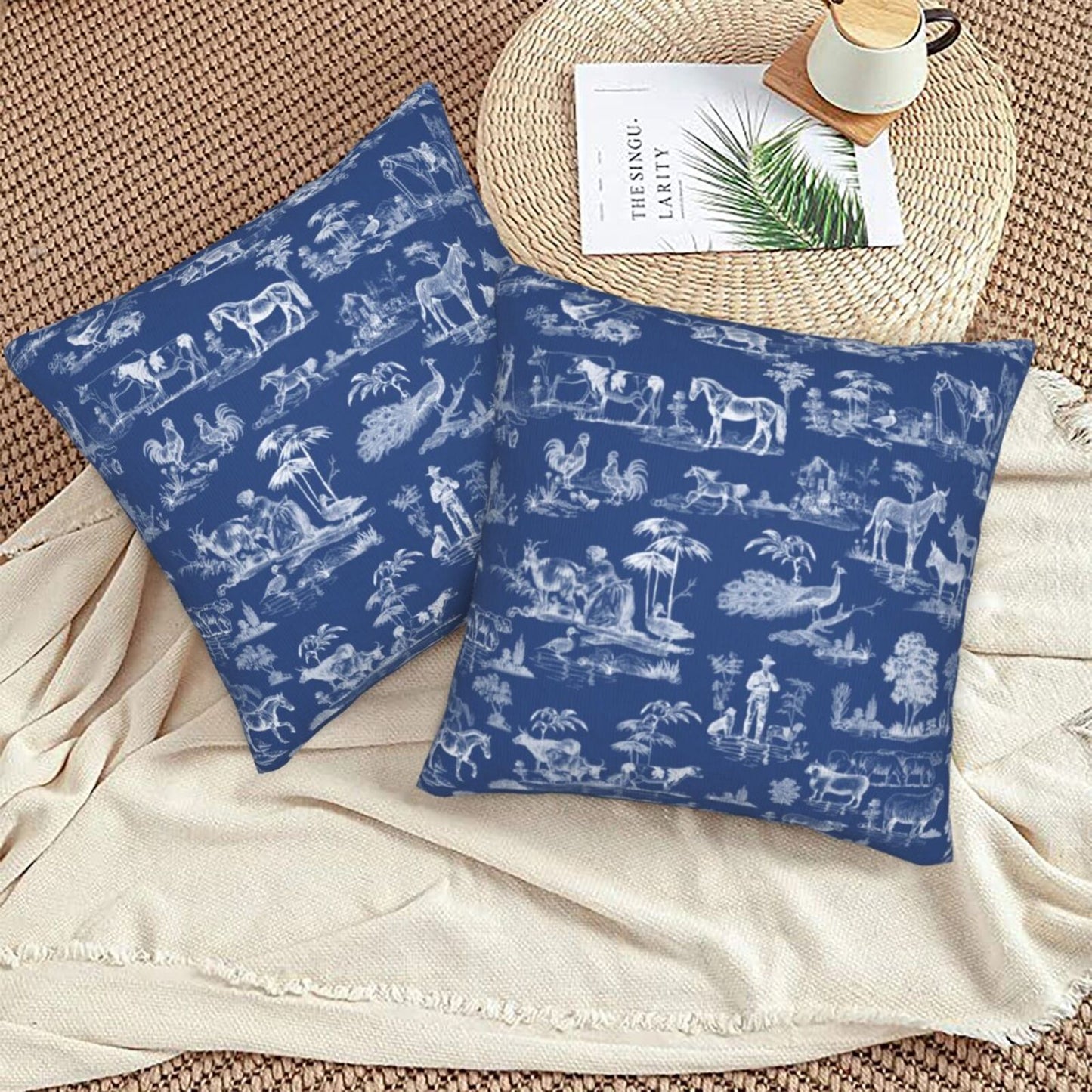 Farmhouse Toile Throw Pillow Covers 18x18 inch Set of 2 Vintage Nature Countryside Velvet Decorative Cushion Covers for Sofa Couch