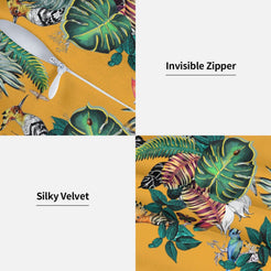 Mustard tropical birds and monstera leaves velvet pillow cover showing soft fabric and hidden zipper