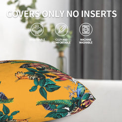 Mustard tropical birds and monstera leaves pillow covers shown without inserts with care and zipper details