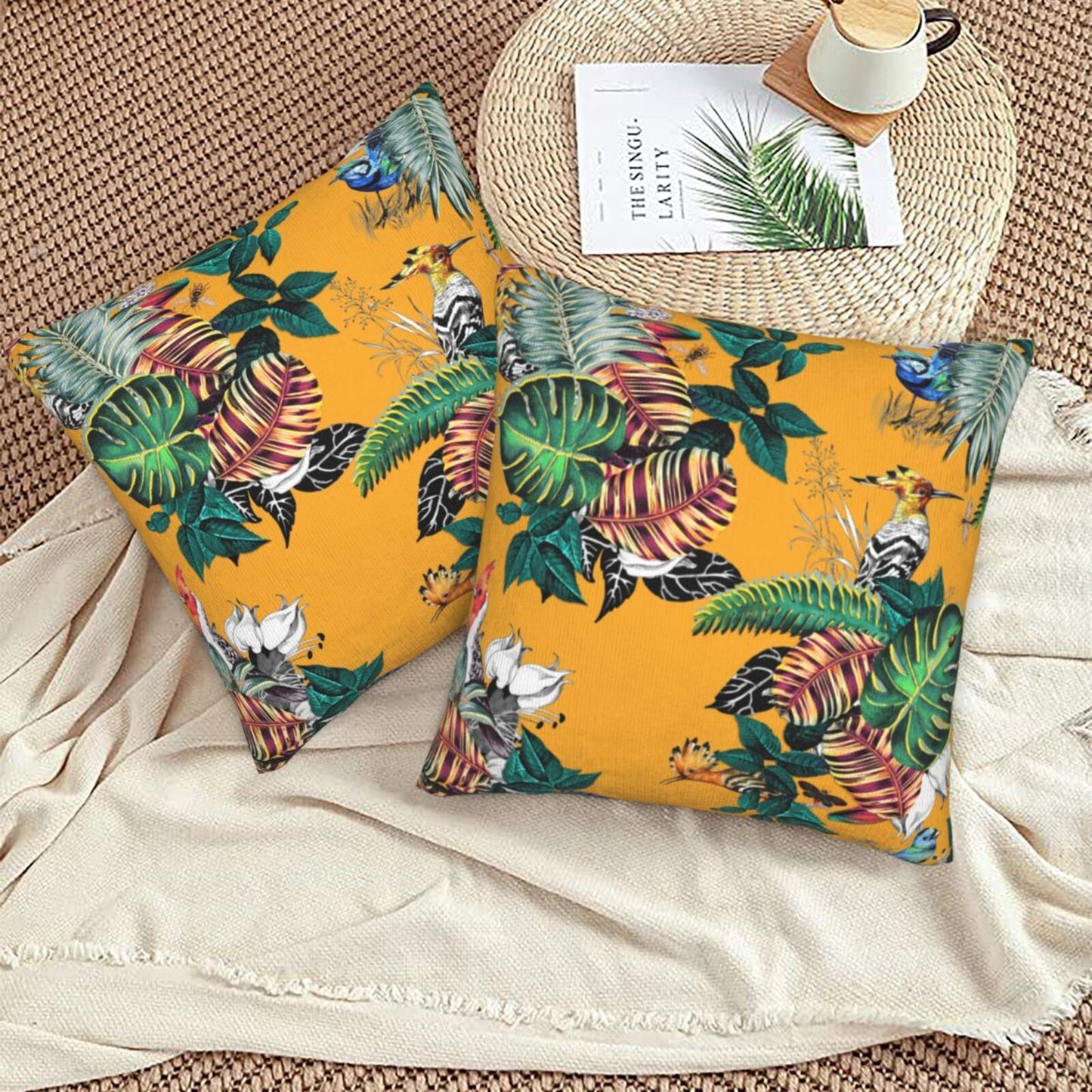Bird Floral Throw Pillow Covers 18x18 inch Set of 2 Tropical Leaf Velvet Decorative Cushion Covers for Sofa Couch