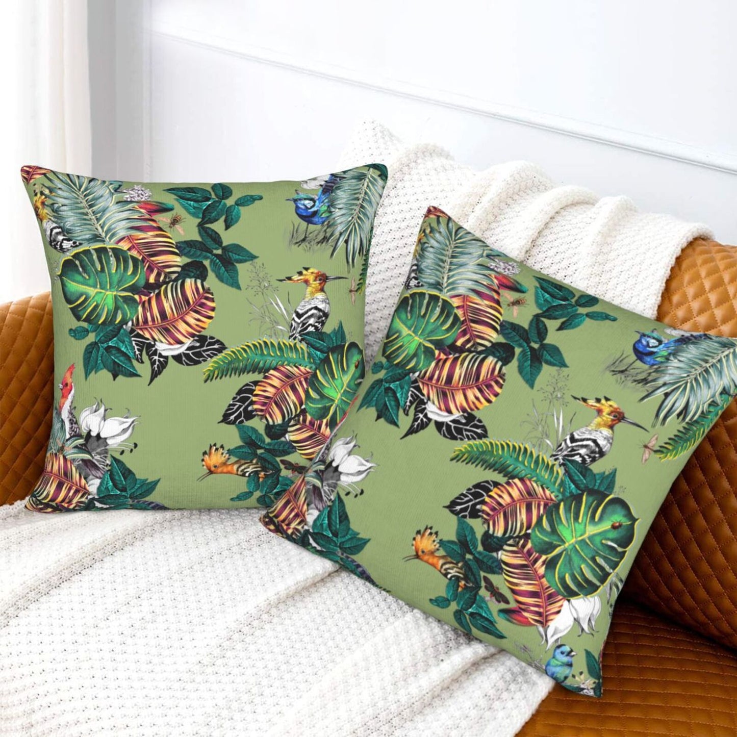 Bird Floral Throw Pillow Covers 18x18 inch Set of 2 Tropical Leaf Velvet Decorative Cushion Covers for Sofa Couch