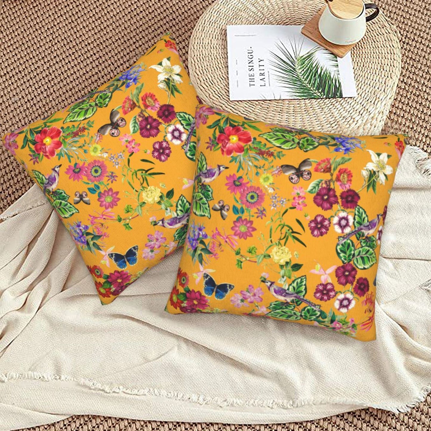 Bird Floral Throw Pillow Covers 18x18 inch Set of 2 Tropical Leaf Velvet Decorative Cushion Covers for Sofa Couch