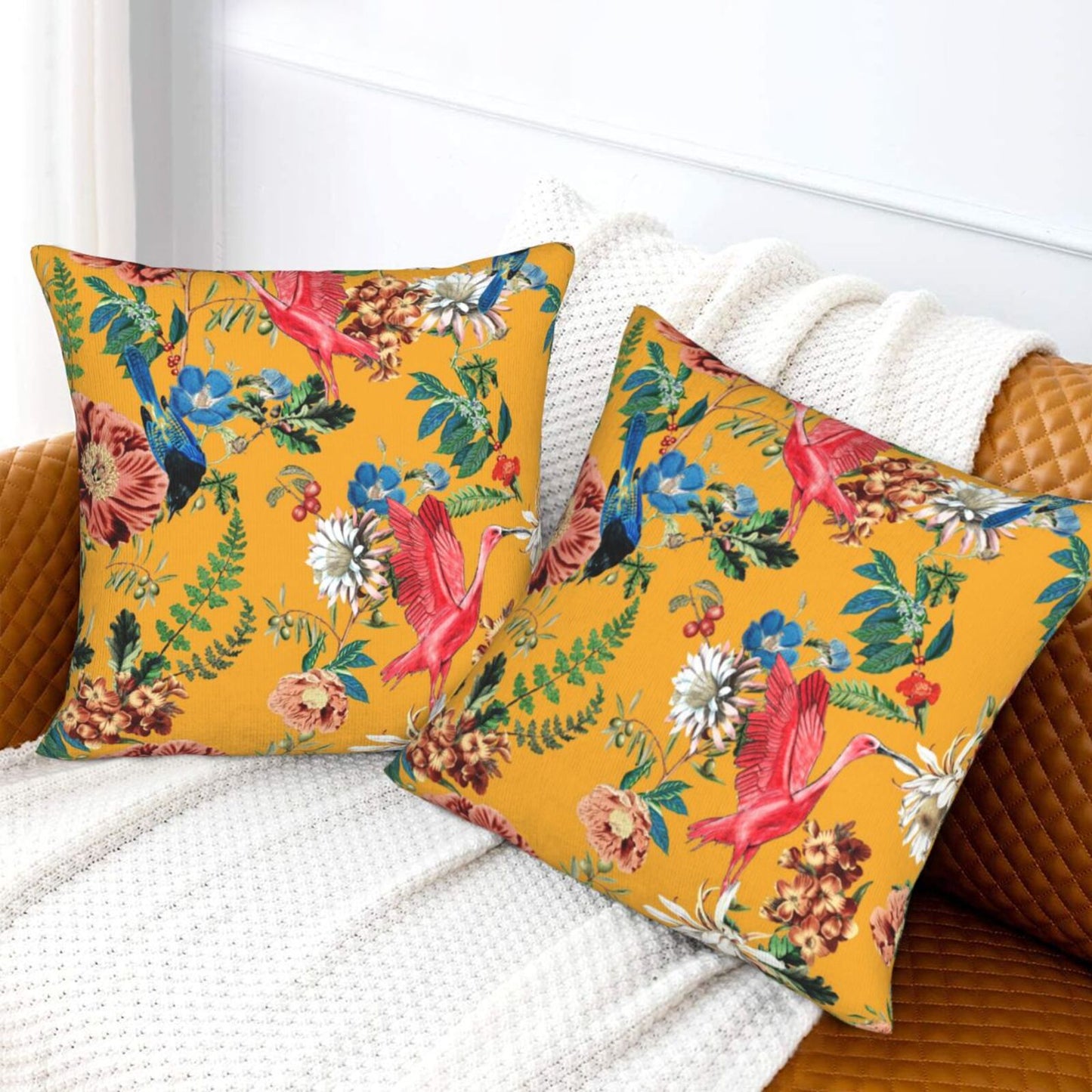 Bird Floral Throw Pillow Covers 18x18 inch Set of 2 Tropical Leaf Velvet Decorative Cushion Covers for Sofa Couch