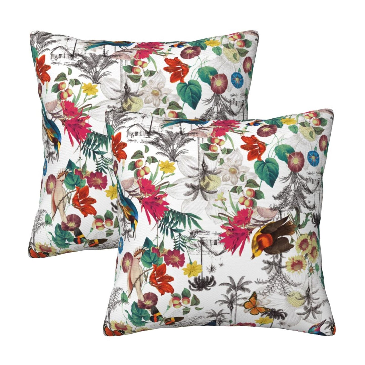Bird Floral Throw Pillow Covers 18x18 inch Set of 2 Tropical Leaf Velvet Decorative Cushion Covers for Sofa Couch