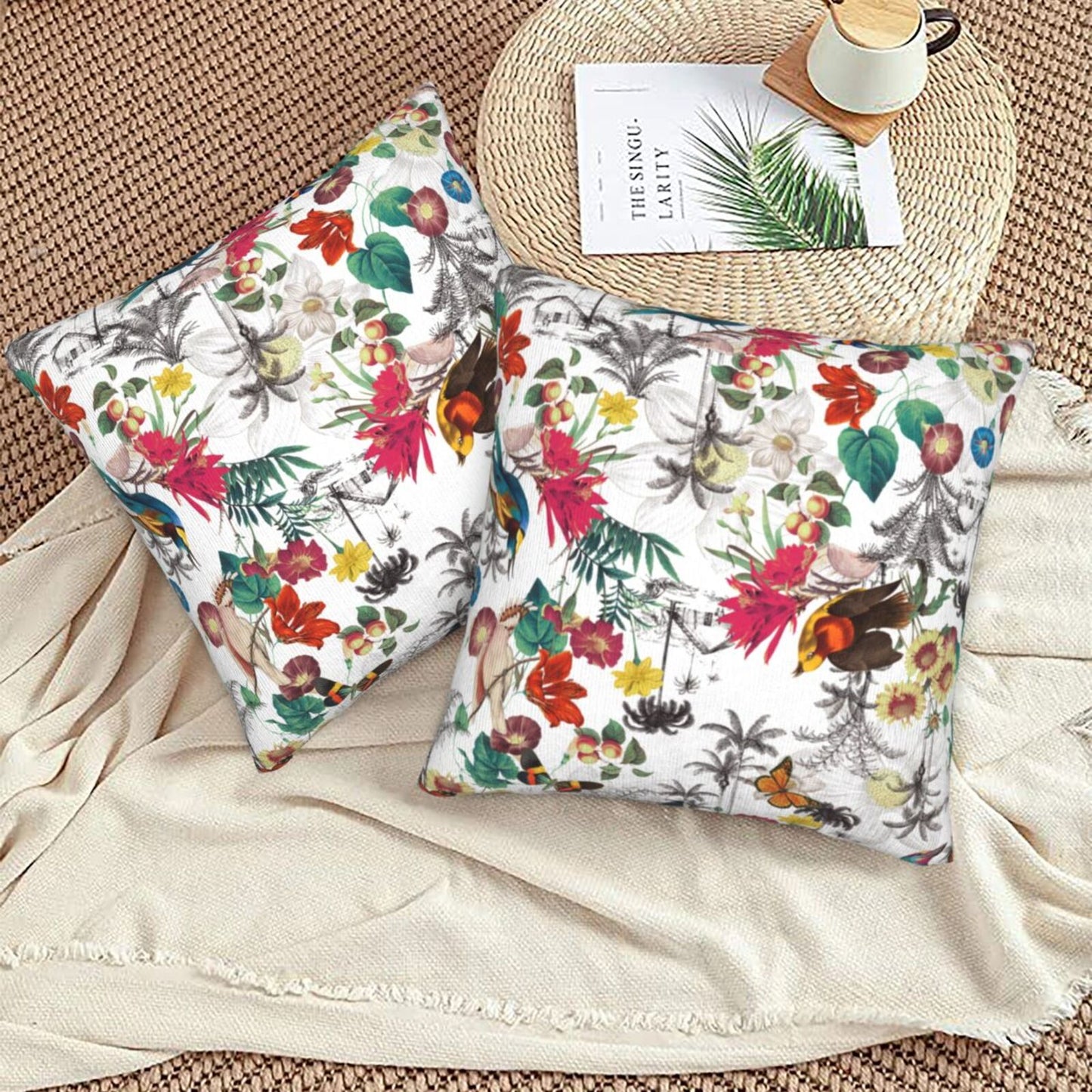 Bird Floral Throw Pillow Covers 18x18 inch Set of 2 Tropical Leaf Velvet Decorative Cushion Covers for Sofa Couch