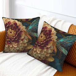 Velvet pillow covers with burgundy and gold chrysanthemum flowers, styled on a white sofa