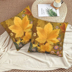 Velvet pillow covers with autumn maple leaves and flowers, styled on a beige sofa