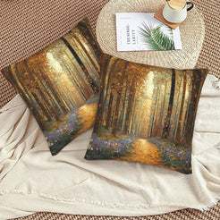 Velvet pillow covers with a sunlit autumn woodland, styled on a beige sofa
