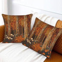Velvet pillow covers with an orange autumn forest, styled on a white sofa