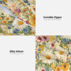 Close-up of hidden zipper and silky velvet texture on velvet pillow cover with dense blue, yellow and pink meadow flowers