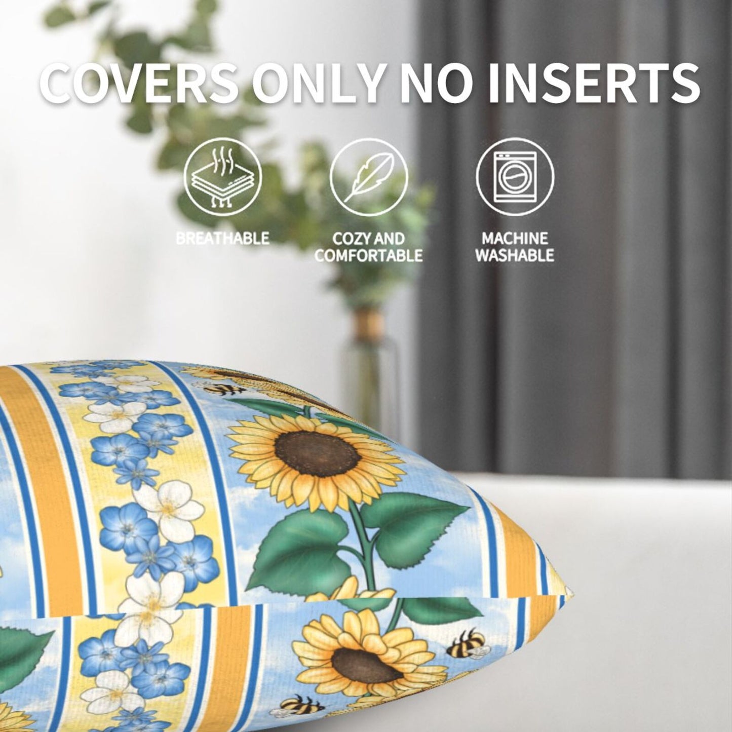 Bees Throw Pillow Covers 18x18 inch Set of 2 Sunflowers Velvet Decorative Cushion Covers for Sofa Couch
