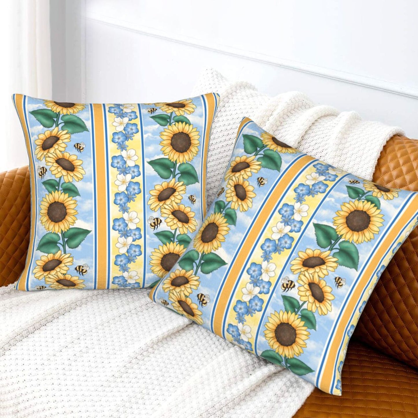 Bees Throw Pillow Covers 18x18 inch Set of 2 Sunflowers Velvet Decorative Cushion Covers for Sofa Couch