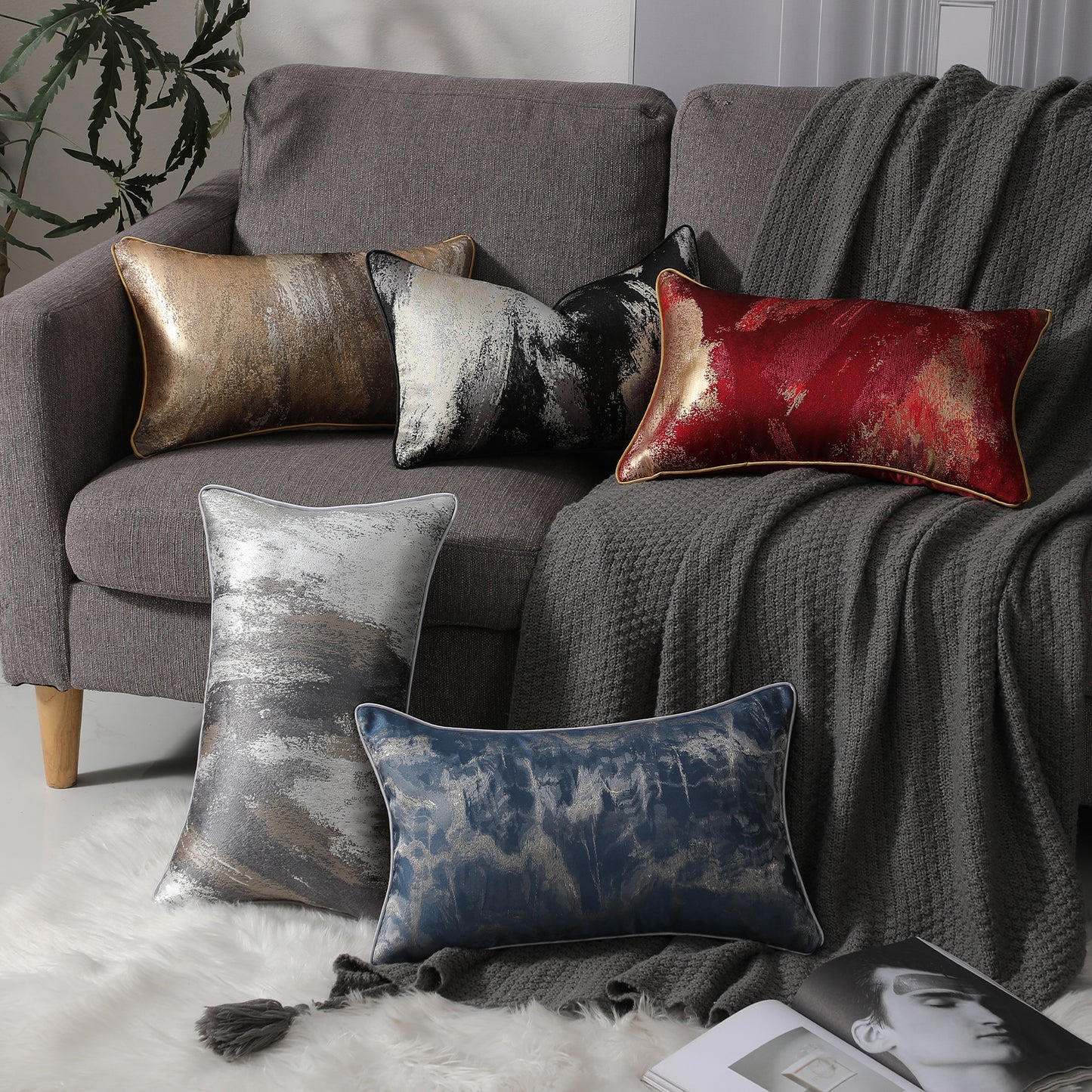 Modern Abstract Jacquard Throw Pillow Covers, Set of 2 | Luxury Decorative Cushions