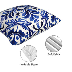 Close-up of hidden zipper and soft texture on short-pile plush pillow cover with a blue and white floral tile medallion