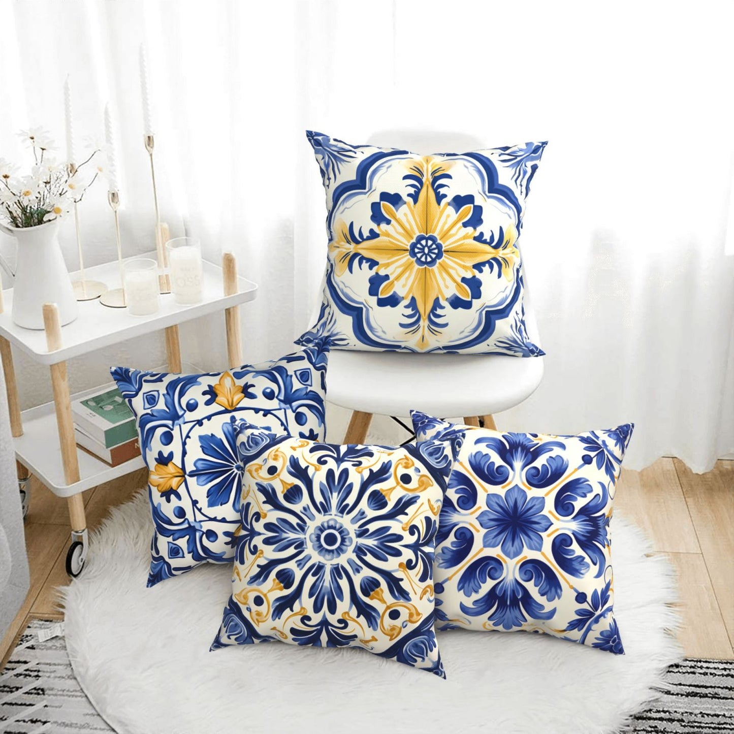 Blue and White Ethnic Throw Pillow Covers Set of 4 Mediterranean Decorative Cushion Covers