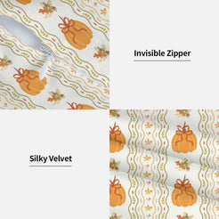Hidden zipper and soft velvet detail on a pumpkin and striped fall pillow cover