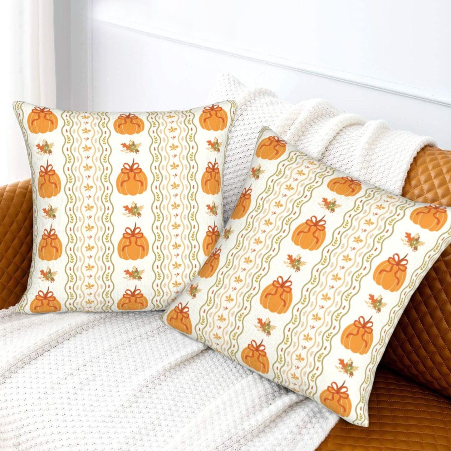 Autumn Harvest Decorative Pillow Covers - Pumpkins, Bows & Fall Themes (Set of 2)