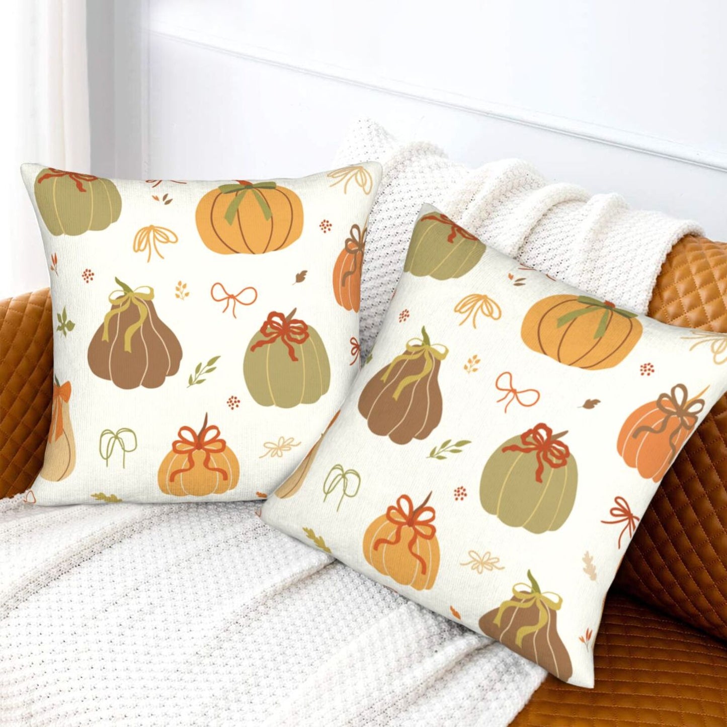Autumn Harvest Decorative Pillow Covers - Pumpkins, Bows & Fall Themes (Set of 2)