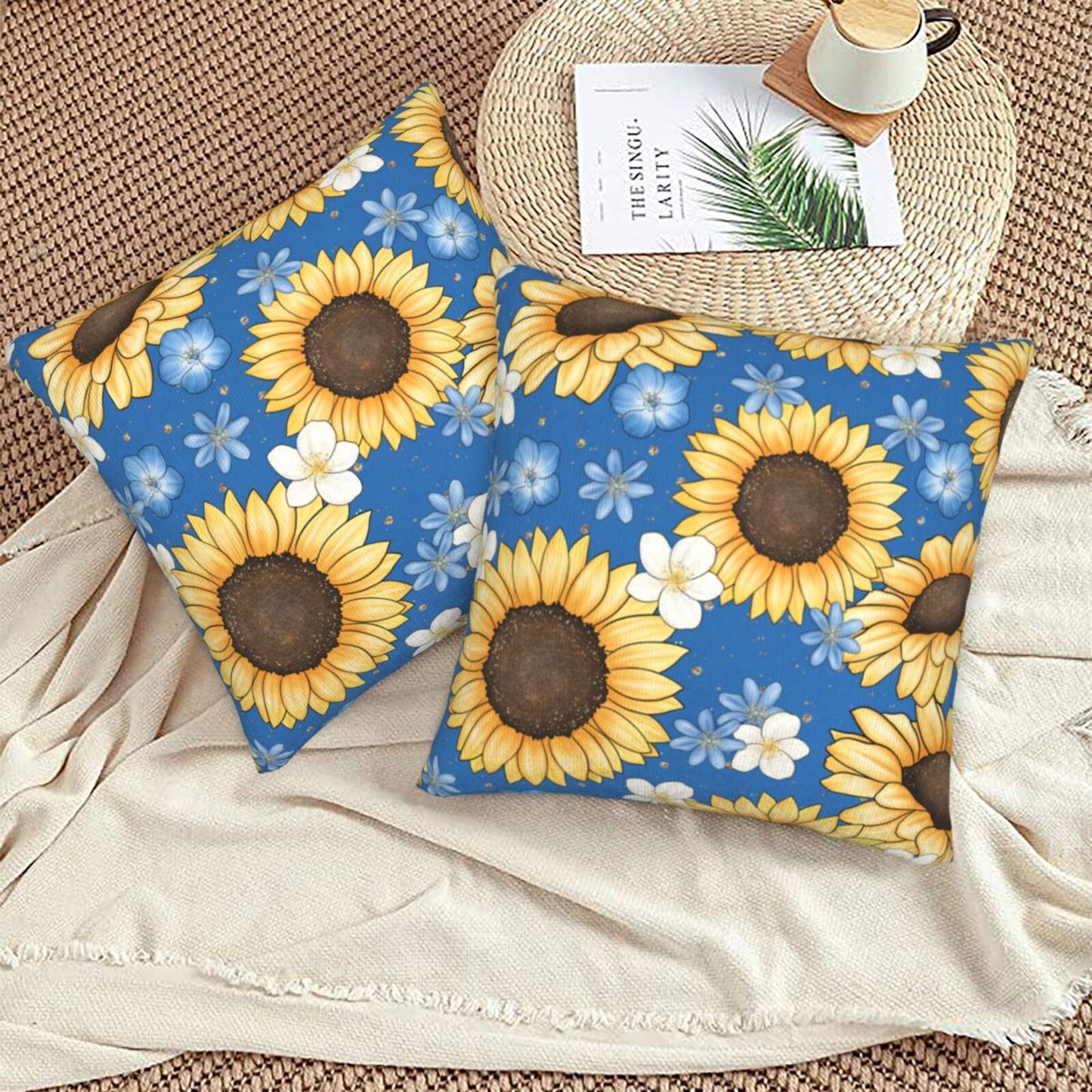 Bees Throw Pillow Covers 18x18 inch Set of 2 Sunflowers Velvet Decorative Cushion Covers for Sofa Couch