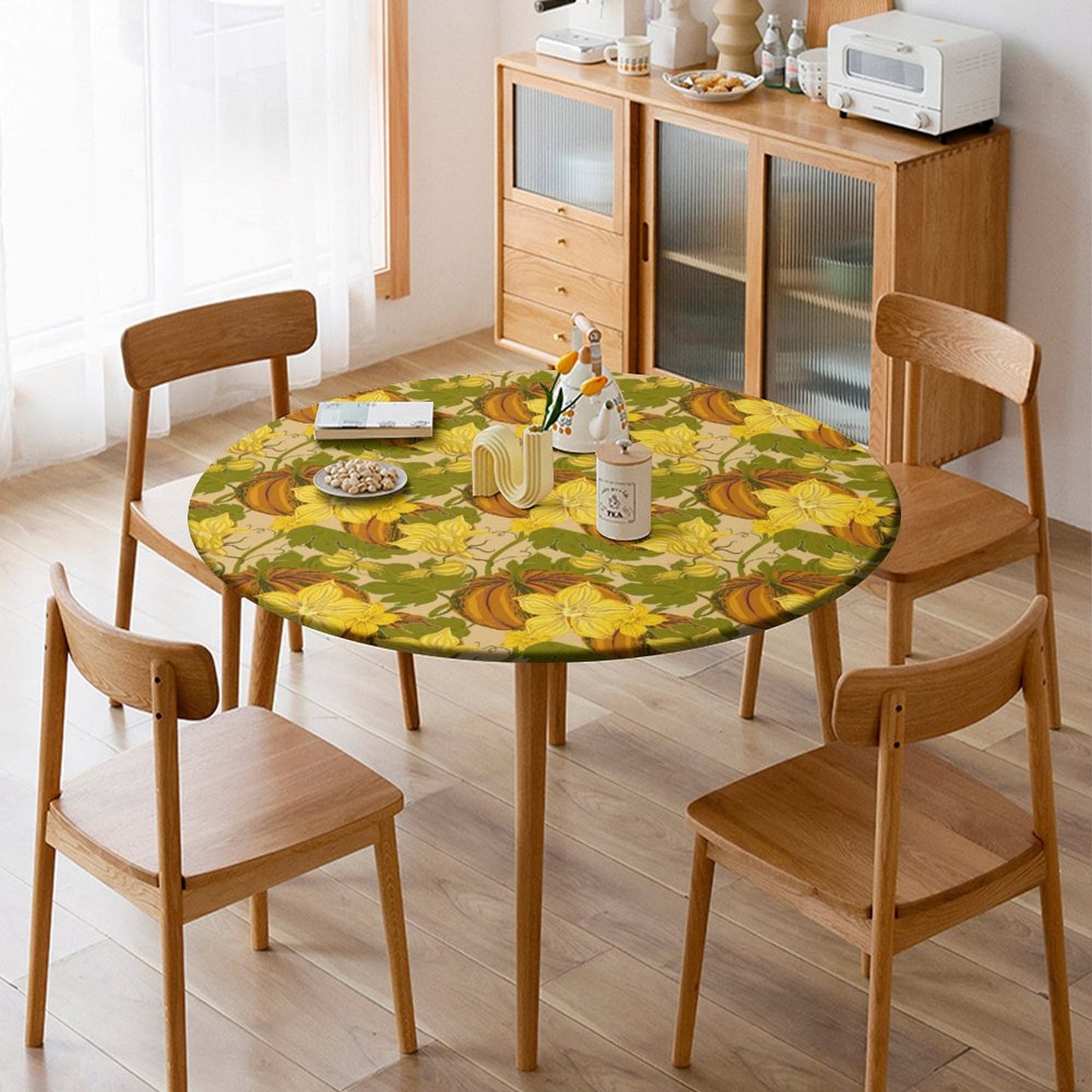Fall Waterproof Tablecloth (Pumpkin / Orange Plaid) - Elastic Edge Table Cover for Round & Oval Thanksgiving Dining