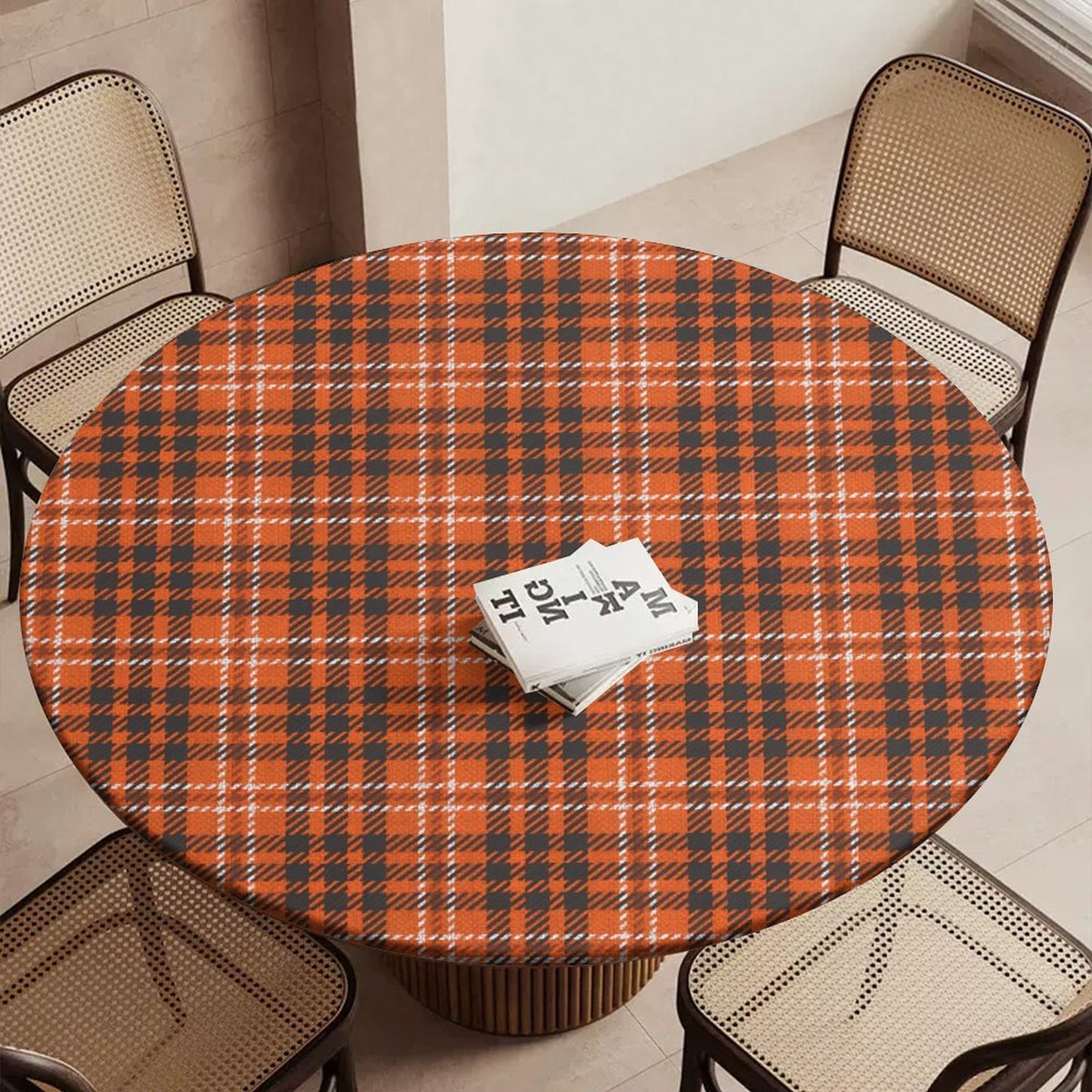Fall Waterproof Tablecloth (Pumpkin / Orange Plaid) - Elastic Edge Table Cover for Round & Oval Thanksgiving Dining