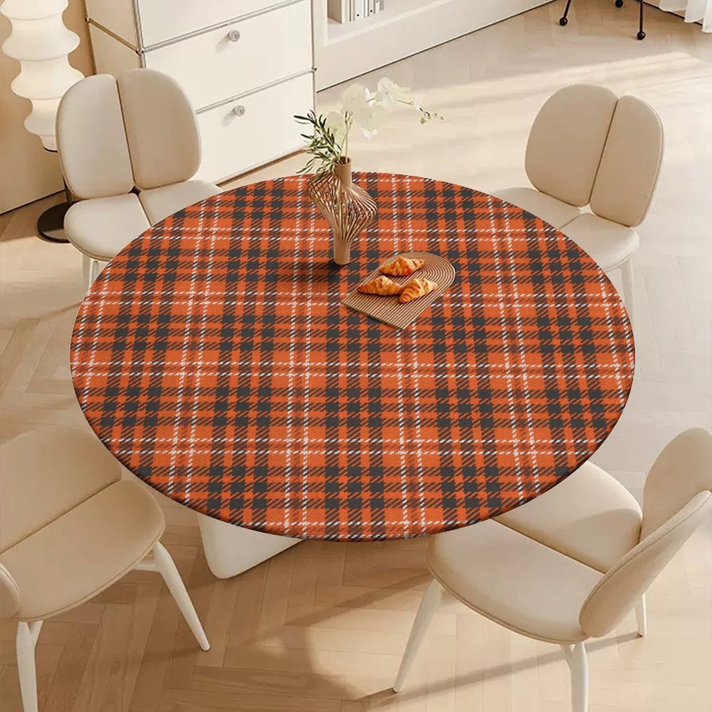 Fall Waterproof Tablecloth (Pumpkin / Orange Plaid) - Elastic Edge Table Cover for Round & Oval Thanksgiving Dining