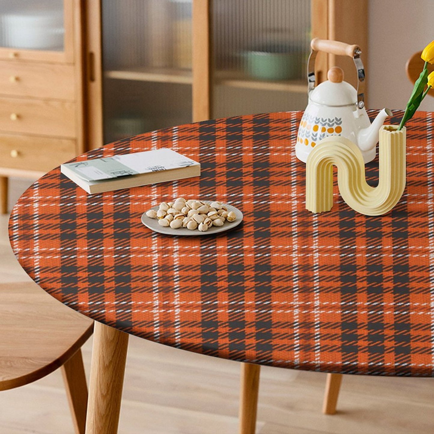 Fall Waterproof Tablecloth (Pumpkin / Orange Plaid) - Elastic Edge Table Cover for Round & Oval Thanksgiving Dining