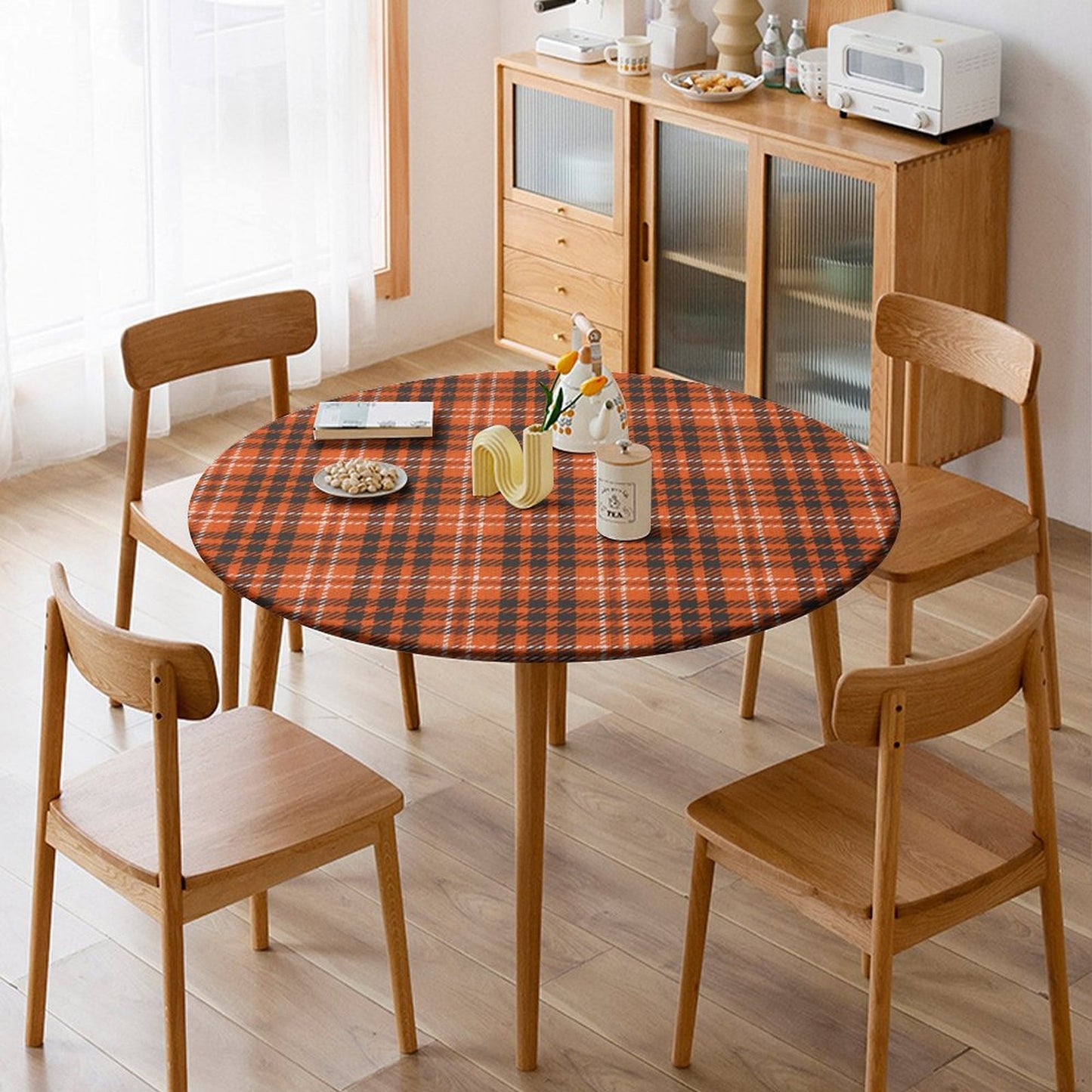 Fall Waterproof Tablecloth (Pumpkin / Orange Plaid) - Elastic Edge Table Cover for Round & Oval Thanksgiving Dining
