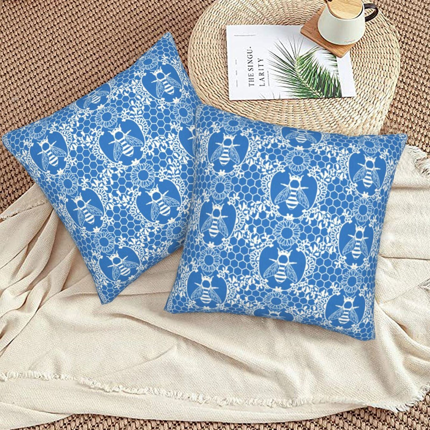 Bees Throw Pillow Covers 18x18 inch Set of 2 Sunflowers Velvet Decorative Cushion Covers for Sofa Couch