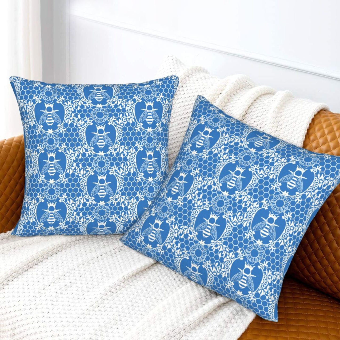 Bees Throw Pillow Covers 18x18 inch Set of 2 Sunflowers Velvet Decorative Cushion Covers for Sofa Couch