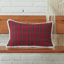 Red tartan woven cotton-polyester blend lumbar pillow cover styled on a bed