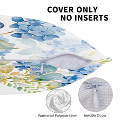Hidden zipper detail on a water-resistant pillow cover with blue birds and hydrangeas