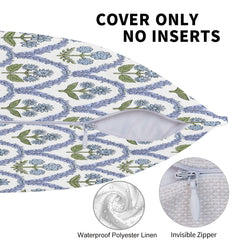 Hidden zipper detail on a water-resistant pillow cover with blue and green block-print-style florals
