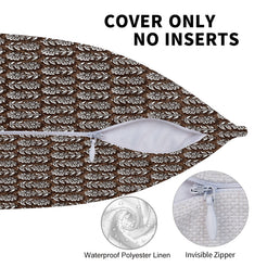 Hidden zipper detail on a water-resistant pillow cover with dark brown small floral motifs