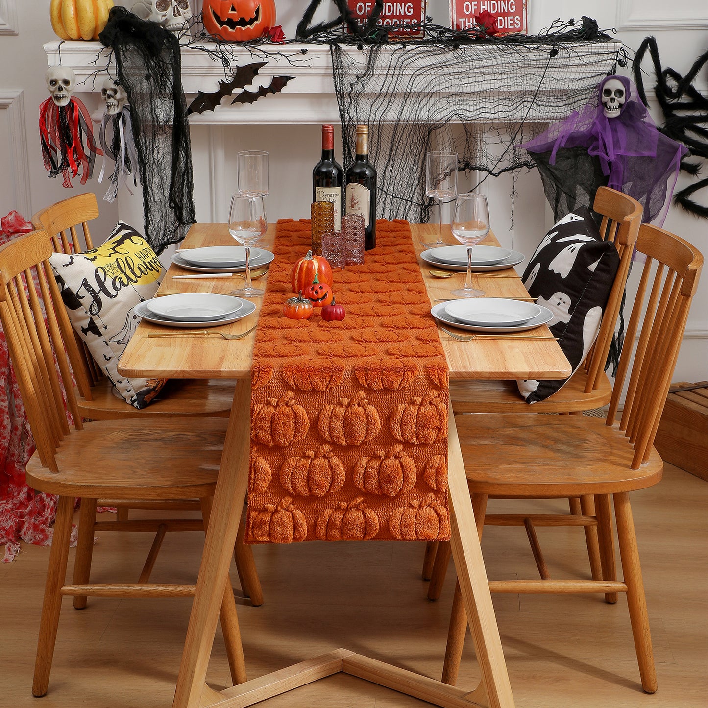 Pumpkin Autumn Table Runner Faux Fur Thanksgiving Kitchen Decoration for Party Dining Table Dresser