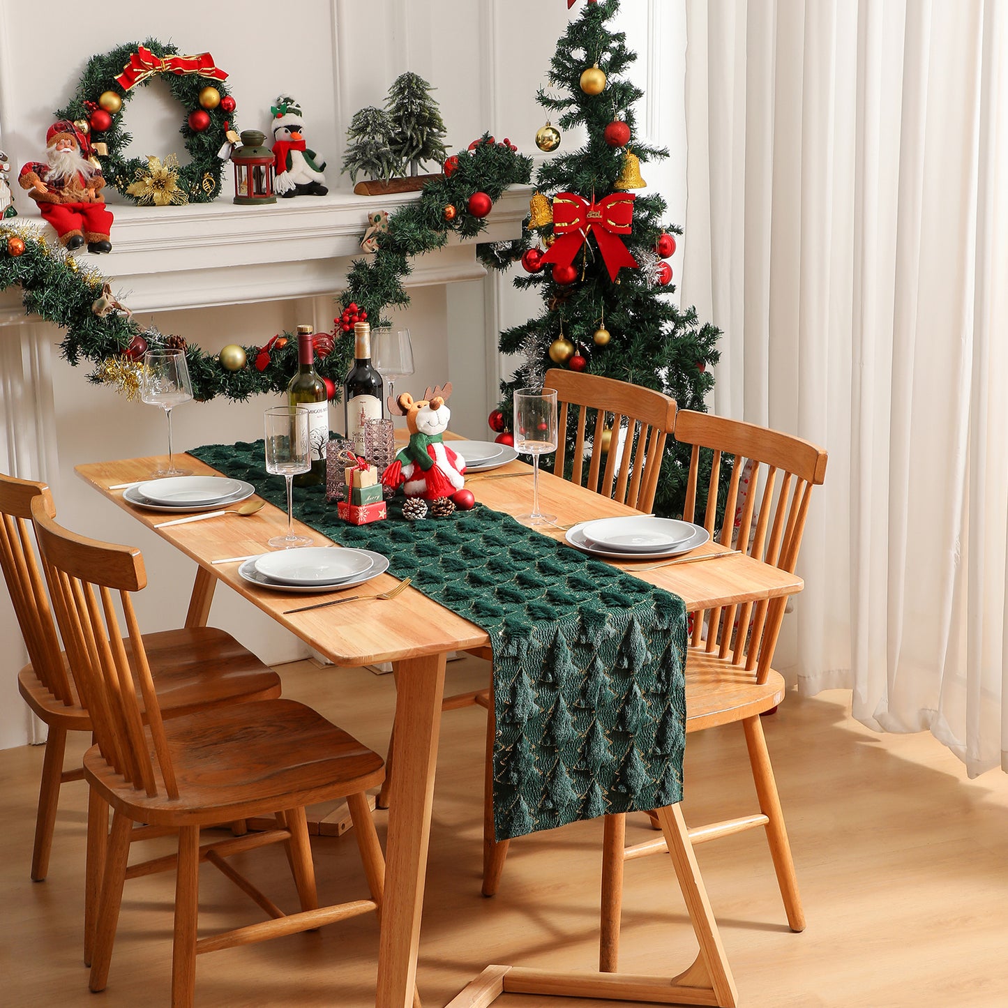 Christmas Tree Table Runner Winter Holiday Fur Decor for Kitchen Party Wedding Dining Table