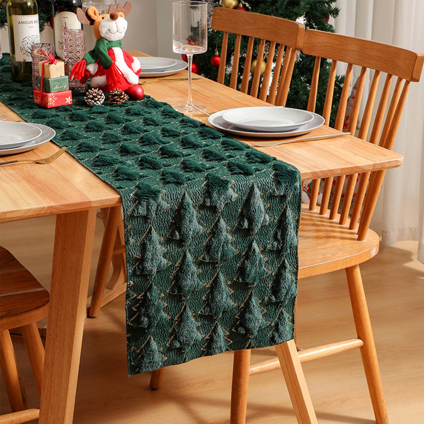 Christmas Tree Table Runner Winter Holiday Fur Decor for Kitchen Party Wedding Dining Table