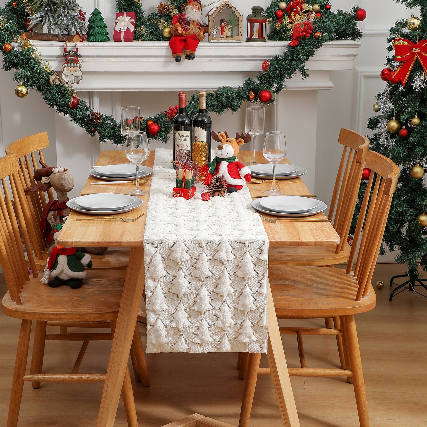 Christmas Tree Table Runner Winter Holiday Fur Decor for Kitchen Party Wedding Dining Table
