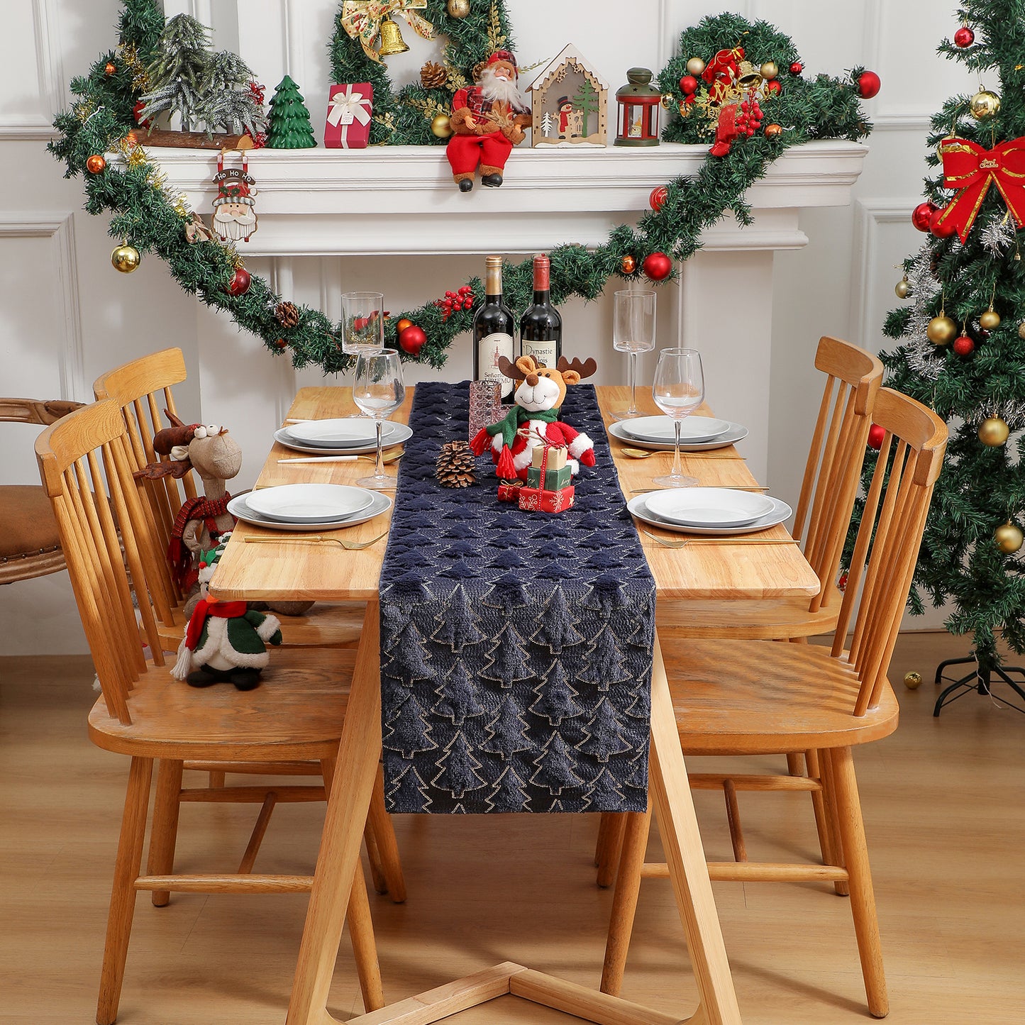 Christmas Tree Table Runner Winter Holiday Fur Decor for Kitchen Party Wedding Dining Table
