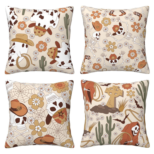 Halloween Throw Pillow Covers 18x18 inch Set of 4 Ghost Skeleton Decorative Cushion Covers for Sofa Couch