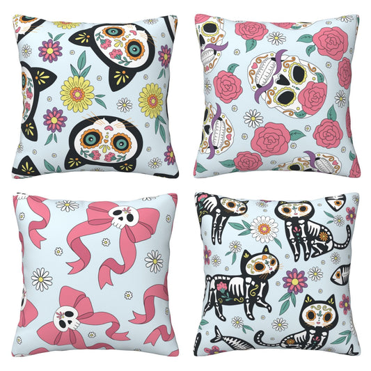 Mexican Throw Pillow Covers 18x18 inch Set of 4 Halloween Day of The Dead Decorative Cushion Covers for Sofa Couch