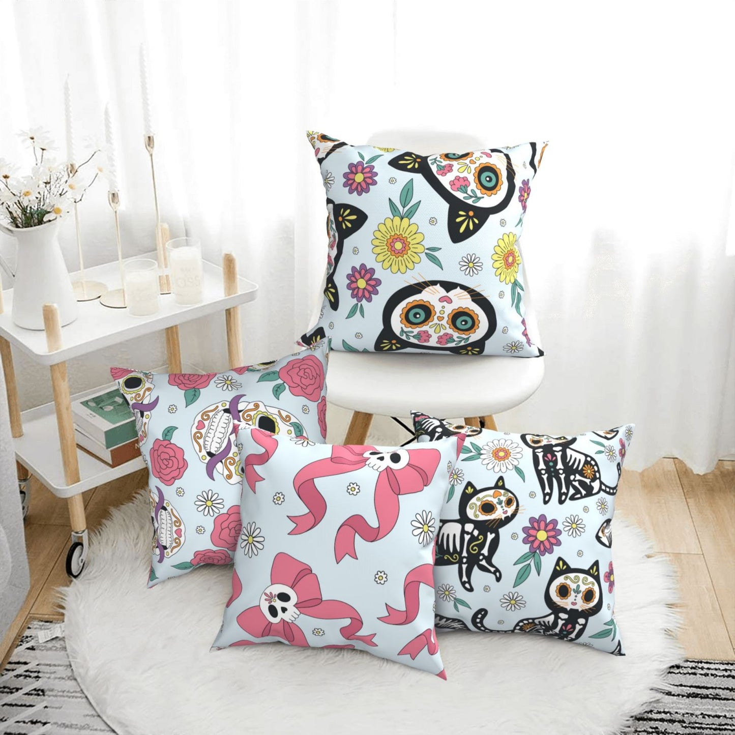 Mexican Throw Pillow Covers 18x18 inch Set of 4 Halloween Day of The Dead Decorative Cushion Covers for Sofa Couch