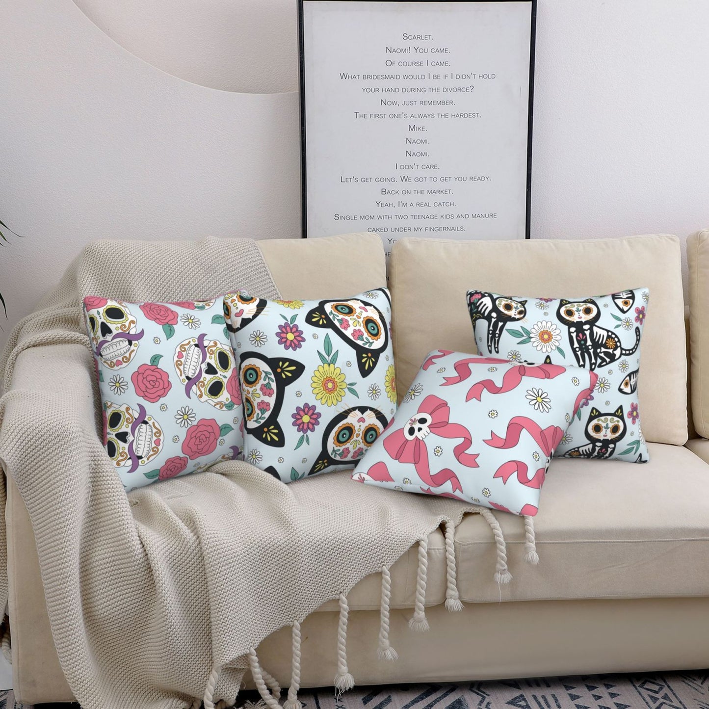 Mexican Throw Pillow Covers 18x18 inch Set of 4 Halloween Day of The Dead Decorative Cushion Covers for Sofa Couch