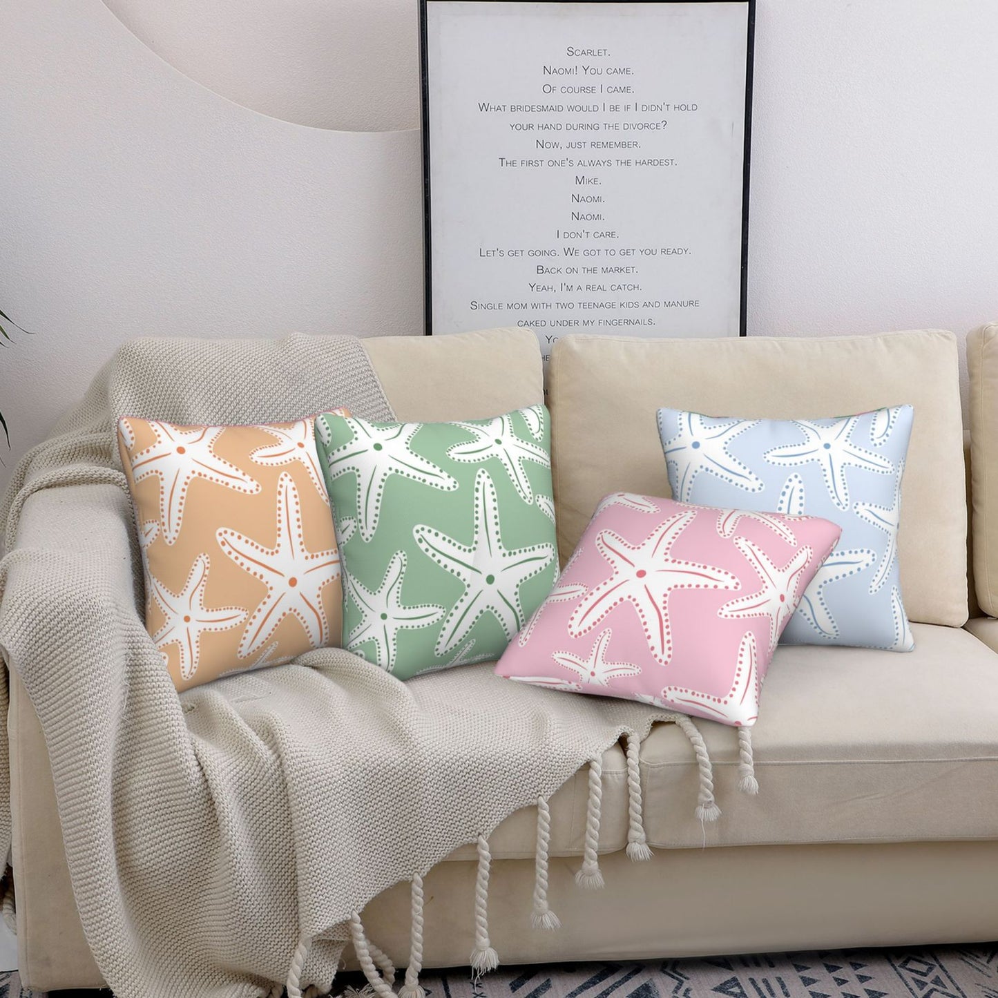 HOSTECCO Ocean Sea Throw Pillow Covers 18x18 inch Set of 4 Sea-Star Beach Pillow Cases Summer Colorful Decorative Cushion Covers for Sofa Couch