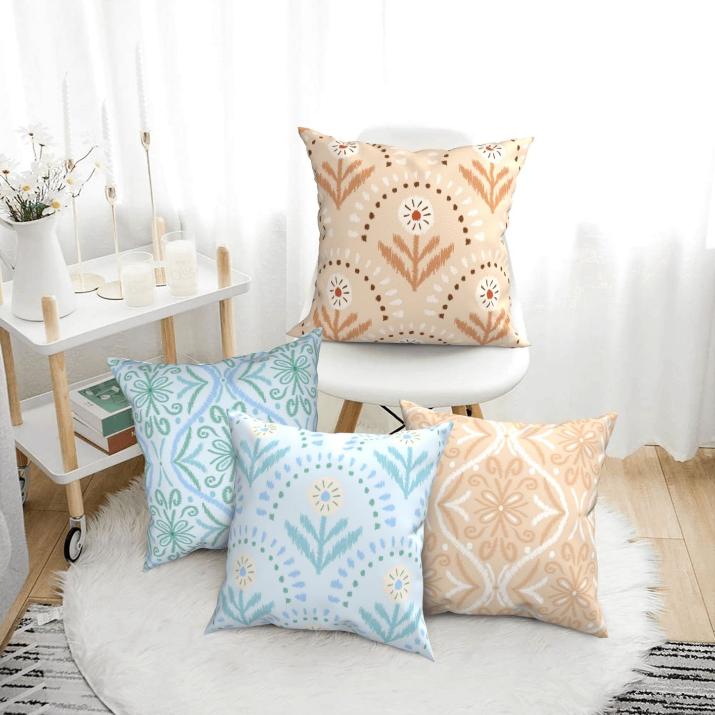 HOSTECCO Boho Geometric Cushion Covers 45x45 cm Set of 4 Ikat Ethnic Cushion Cases Orange Blue Decorative Pillow Covers for Sofa Couch