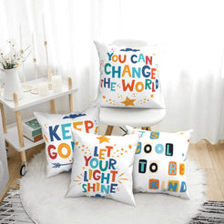 short-pile plush polyester pillow covers with colorful motivational classroom quotes, arranged beside a white chair