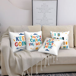 short-pile plush polyester pillow covers with colorful motivational classroom quotes, styled on a cream sofa